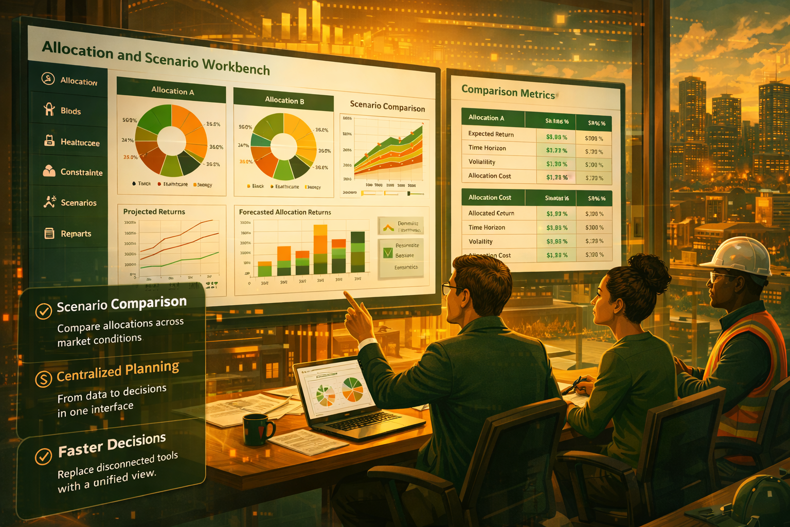 Illustration of allocation and scenario workbench planning dashboards